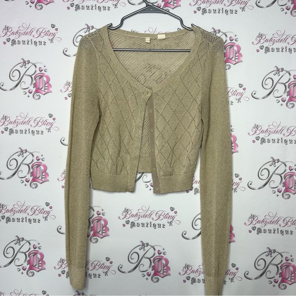 MOTH sparkly gold cardigan glitter button up crochet knitted cute  Anthropologie - Picture 2 of 12